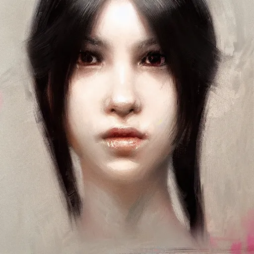 Prompt: a cute girl by ruan jia, closeup headshot, black ponytail, movie style.