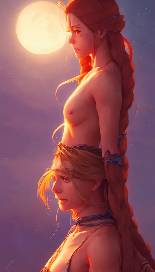 Image similar to long ginger hair, tanned woman in a prehistoric outfit, by artgerm, hair tied in a ponytail, soft lighting, night scene, by greg rutkowski makoto shinkai takashi takeuchi