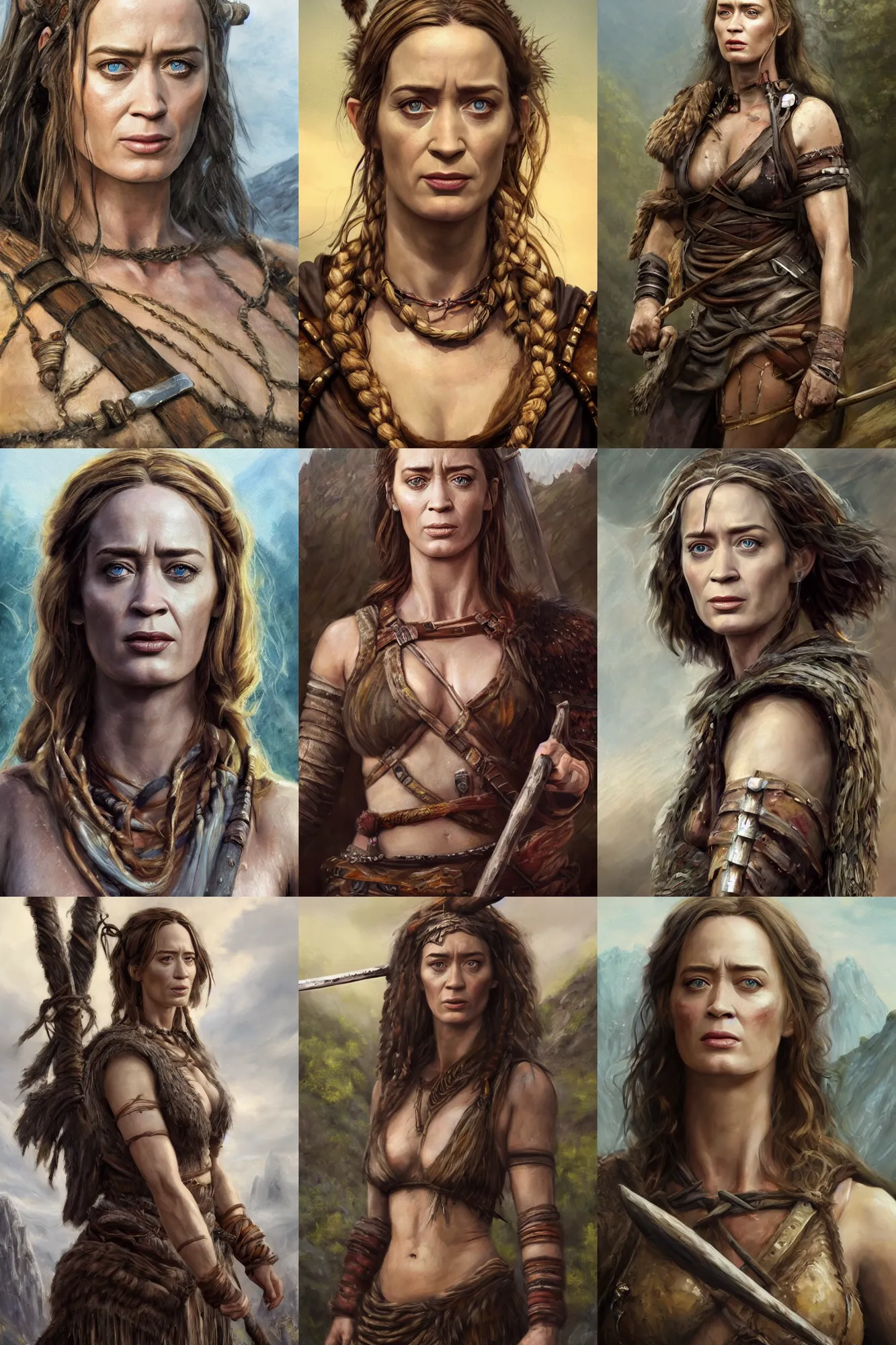 Prompt: a full body high detail fantasy portrait oil painting illustration of emily blunt as a single rugged stoic barbarian woman by Justin Sweet with face and body clearly visible, in a scenic background, pupils visible, realistic proportions, d&d, rpg, forgotten realms, artstation trending, high quality, sombre mood, artstation trending, muted colours, no crop, entire person visible!, natural light, Adobe Photoshop, Adobe Lightroom, photolab, Affinity Photo,