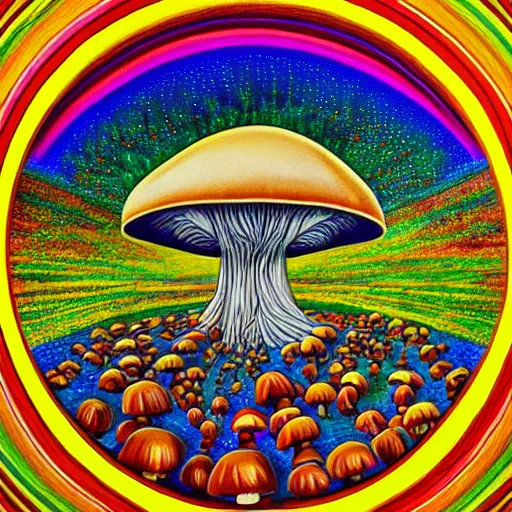 Image similar to mushroom universe by Alex Gray, oil painting, highly detailed, psychedelic