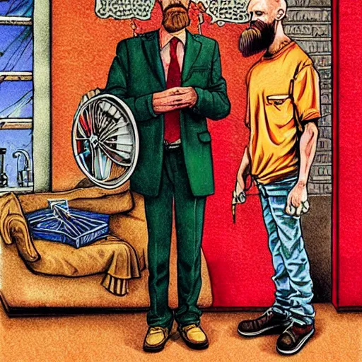 Prompt: The Artwork of R. Crumb and his Cheap Suit Breaking-Bad-Jesse-Pinkman, pencil and colored marker artwork, trailer-trash lifestyle