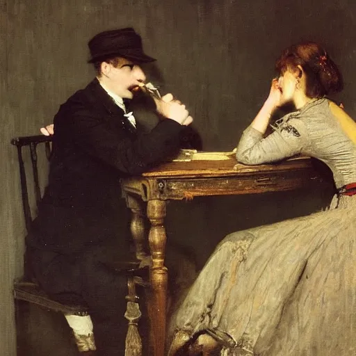 Image similar to a man and a woman solving an escape room puzzle alfred stevens