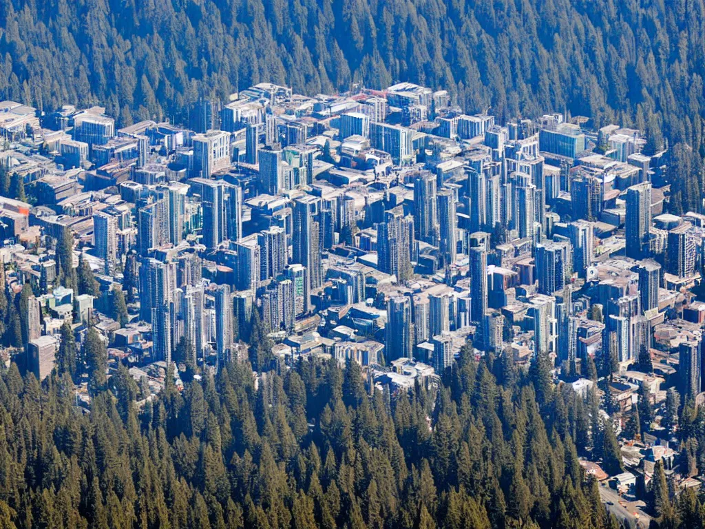 Image similar to bird's eye view photo of a metropolis highrise city, redwood forest separating from industrial district