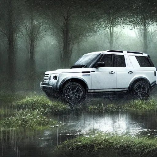 Image similar to a white landrover crossing the a swamp while its raining, digital art, artstation, photgraphy, highly detailed, digital painting, artstation, concept art, sharp focus, illustration, art by greg rutkowski and artgerm