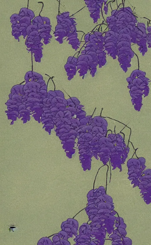 Image similar to by akio watanabe, manga art, wisteria flowers falling down in a windy day, trading card front