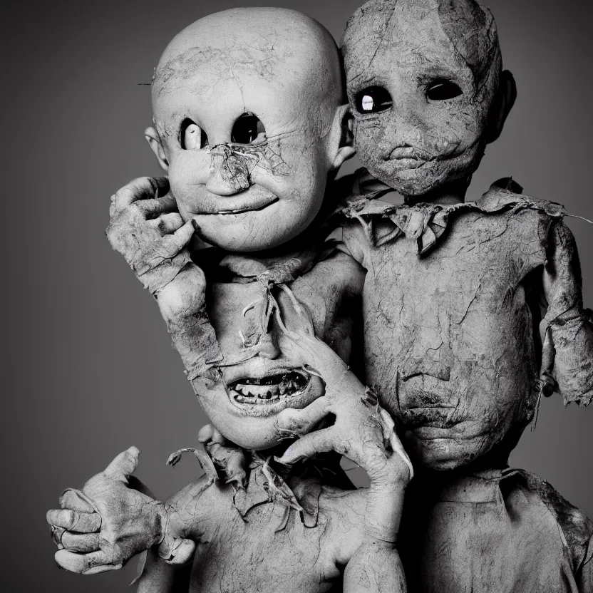 Image similar to creepy ventriloqiest dummy in the style of Roger Ballen, 4k, bw, portrait