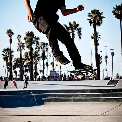 Image similar to skater wearing nike sb dunks doing a kickflip at the venice beach skatepark