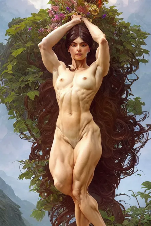 Image similar to goddess of nature, accurate anatomy, only two hands, highly detailed, digital painting, artstation, concept art, smooth, sharp focus, illustration, Unreal Engine 5, 8K, art by artgerm and greg rutkowski and alphonse mucha and Frank Frazetta, and pro fitness photograph