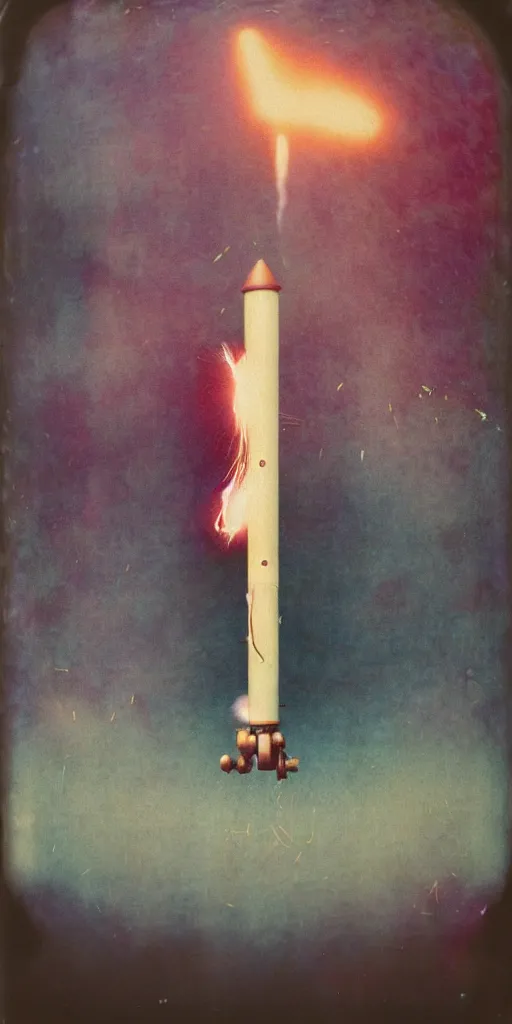 Image similar to kodak portra 4 0 0, wetplate, muted colors, blueberry, 1 9 1 0 s style, motion blur, photo of a launching rocket, backdrop, explosions, sparkling, by georges melies and by britt marling