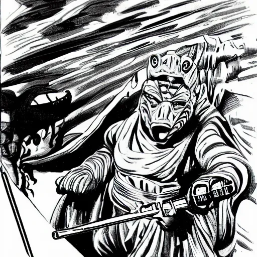 Image similar to godzilla in flowing jedi robes with a lightsaber by frank miller