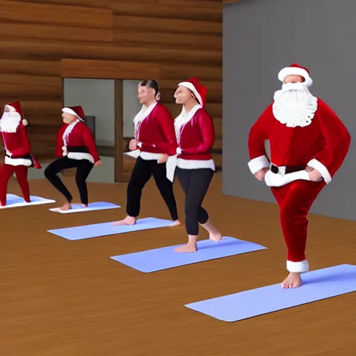 Prompt: Santa Claus teaching elves yoga in a gym room, photorealistic,