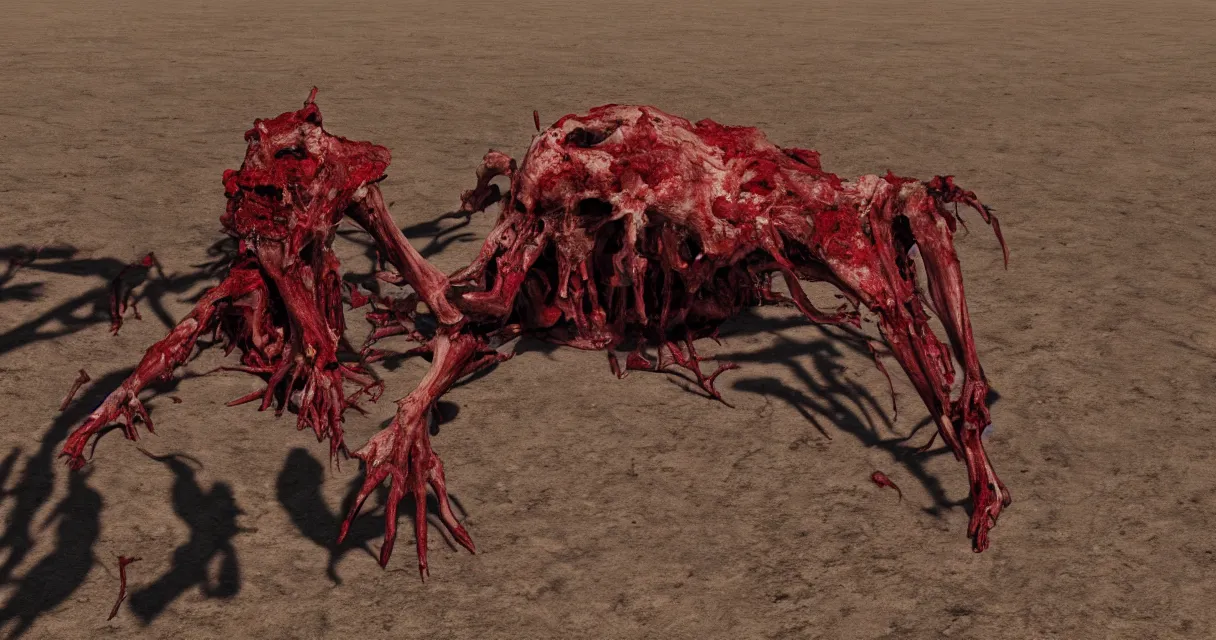 Image similar to in the desert a bloody gross horrifying The Thing creature made of muscle and bone and blood stares at the camera, eating, mid day, 35mm photography, realistic,