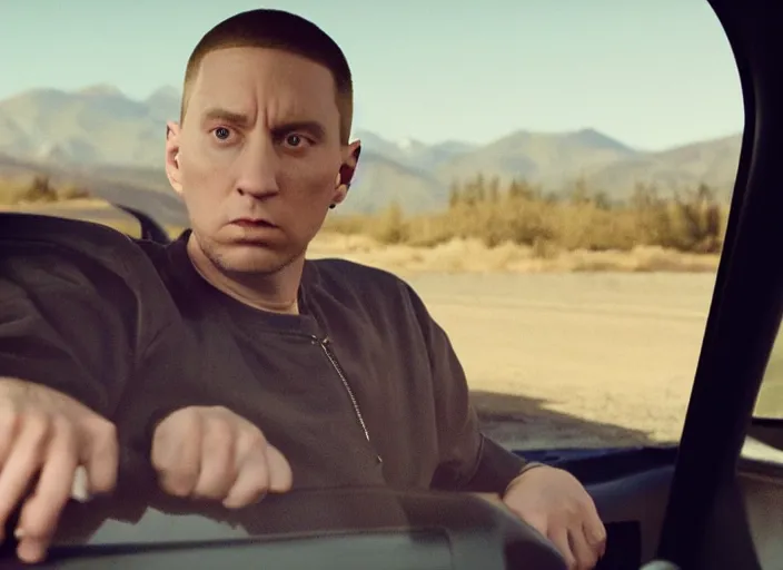 Image similar to a very high resolution image from a new movie, eminem in a car car. inside of a car. alone. mountains, directed by wes anderson