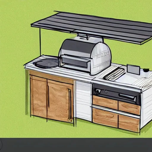 Prompt: new concept for small outdoor open Dutch kitchen design with grill and pizza oven, designer pencil sketch, HD resolution