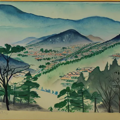 Prompt: watercolor of chuncheon by charles e. burchfield