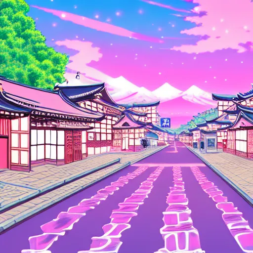 Image similar to A japanese town with pink sky, cozy town, anime wallpaper, Hirohiko Araki, Hirohiko Araki artwork, araki art, 4K