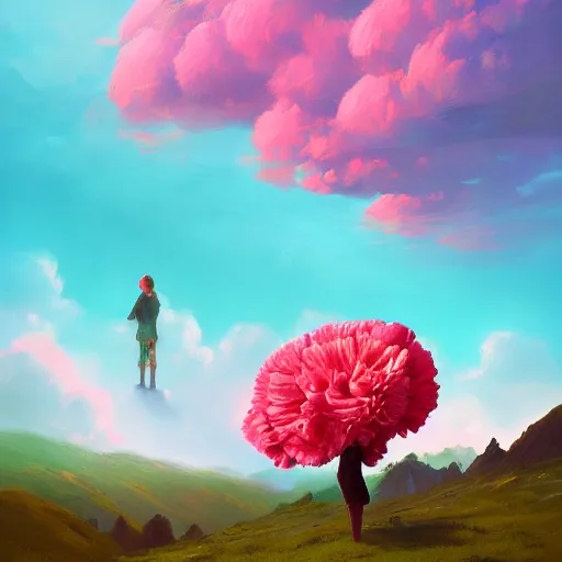 Image similar to giant carnation flower as a head, girl hiking in the mountains, surreal photography, sunrise, dramatic light, impressionist painting, colorful clouds, digital painting, artstation, simon stalenhag