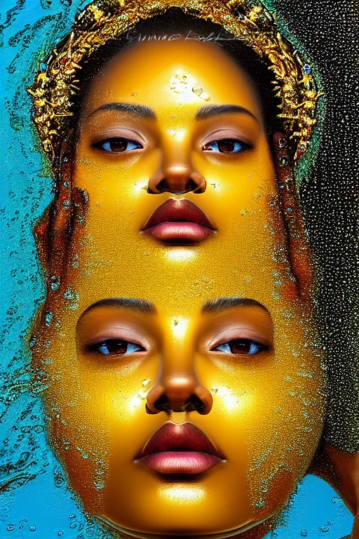 Image similar to hyperrealistic precisionist cinematic profile very expressive! oshun goddess, ophelia in water!, mirror dripping droplet!, gold flowers, highly detailed face, digital art masterpiece, smooth eric zener cam de leon, dramatic pearlescent turquoise light on one side, low angle uhd 8 k, shallow depth of field