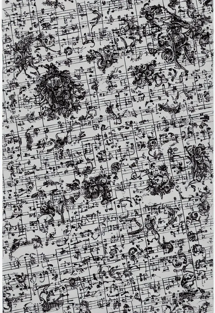 Prompt: haunted music sheets, hyper detailed, stained paper, clear calligraphic musical notes, horror,