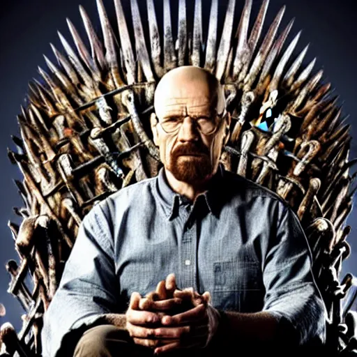 Image similar to “Very photorealistic photo of Walter White sitting on the Iron Throne from Game of Thrones, award-winning details”