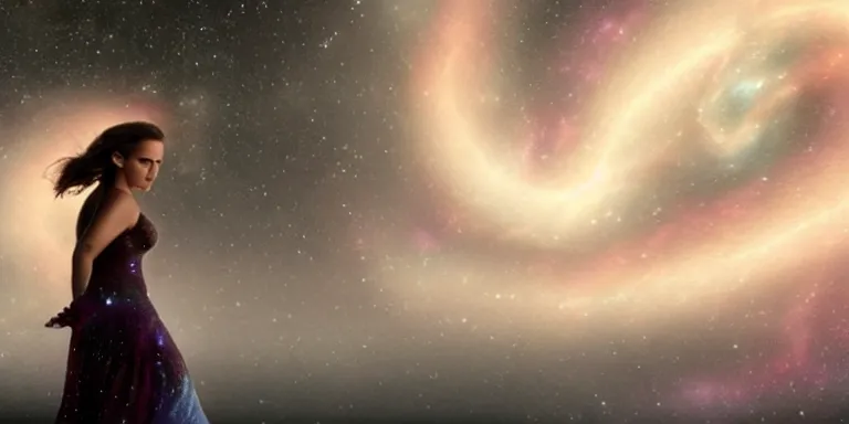 Prompt: film still of curvy natalie portman walking on an invisible bridge, similar to the bifrost, toward an endless abyss in space, wearing a white flowy bikini inspired by ancient roman clothing, beautiful astronomical background with galaxies and nebulas, lack of sunlight, darkness of space, focus on facial detail, 8 k resolution, cinematic lighting, anatomically correct, by christopher nolan