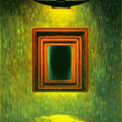 Image similar to A reinforcement learning agent recognizes itself in the mirror- contest-winning artwork by Salvador Dali, Beksiński, Van Gogh and Monet. Stunning lighting