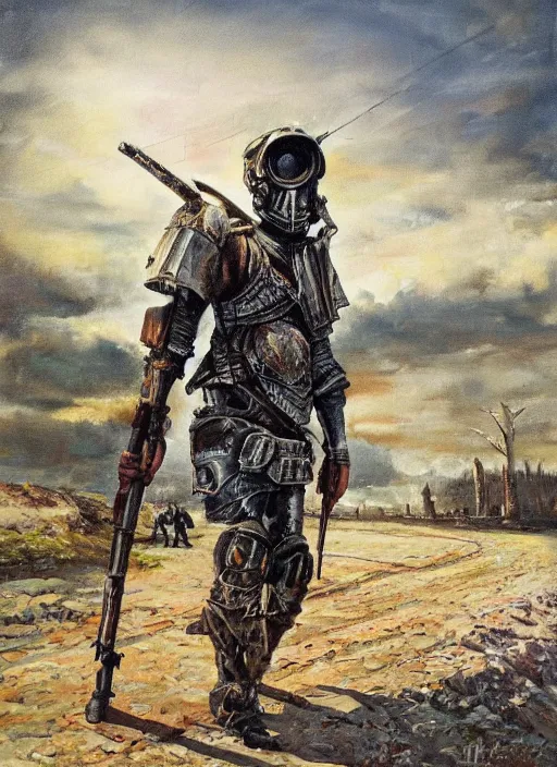 Prompt: a detailed painting of a man in post apocalyptic home made armour and a helmet holding a modified shotgun walking towards a sunset. hd. 1 9 5 0 s oil painting style.