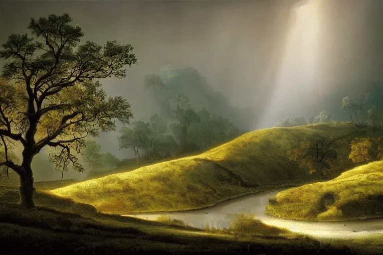 Prompt: masterpiece painting of oak trees on a hillside overlooking a creek, dramatic lighting, by andreas franke