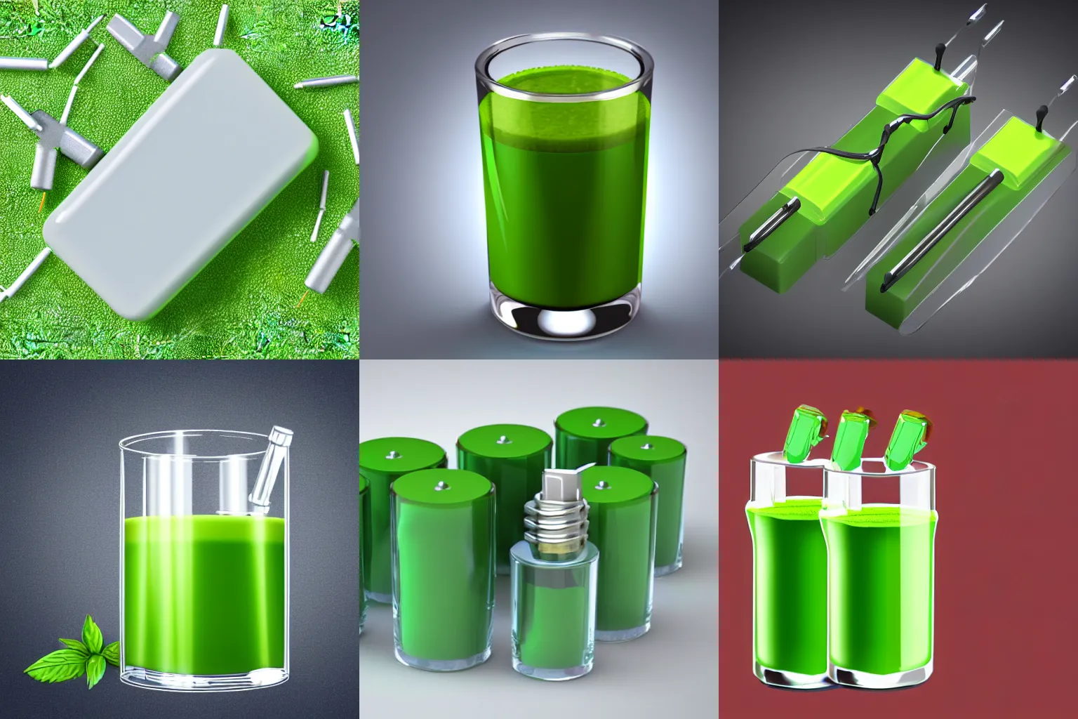 Prompt: 3d render of a transparent battery with green juice and an electricity bolt, white background