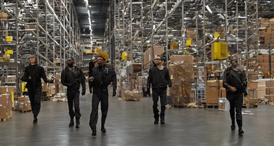 Prompt: film still of a heist movie about liberating Amazon warehouse workers directed by Denis Villeneuve