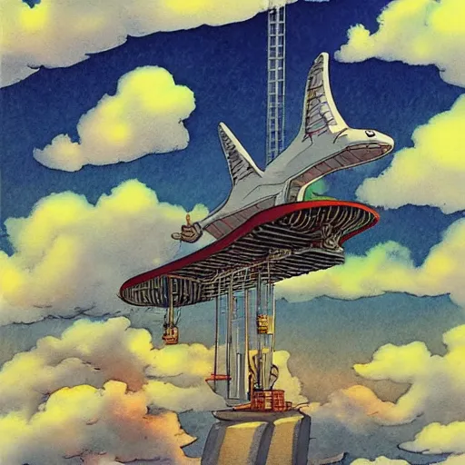 Image similar to sky fortress laputa hayao miyazaki flying high in the sky, watercolor illustration for a book