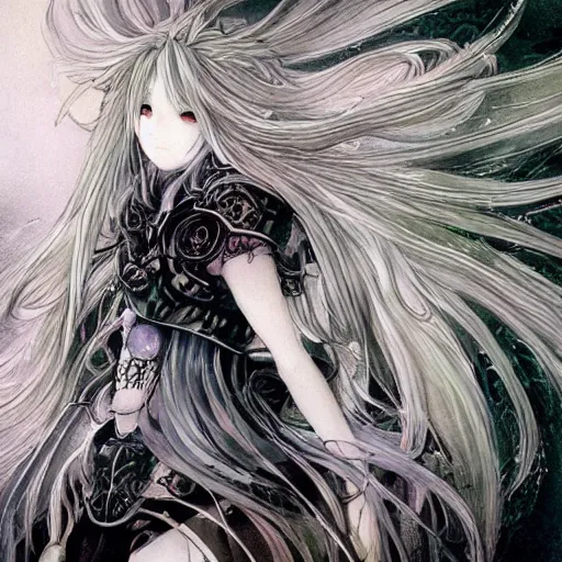 Image similar to Yoshitaka Amano blurred and dreamy illustration of an anime girl with black eyes, wavy white hair fluttering in the wind wearing Elden ring armour with cloack with folds, abstract black and white patterns on the background, reflection in a broken mirror, noisy film grain effect, highly detailed, Renaissance oil painting, weird portrait angle, blurred lost edges, three quarter view