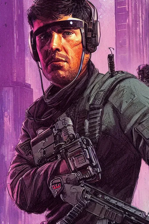 Image similar to Hector. confident blackops mercenary in tactical gear and cyberpunk headset. Blade Runner 2049. concept art by James Gurney and Mœbius.