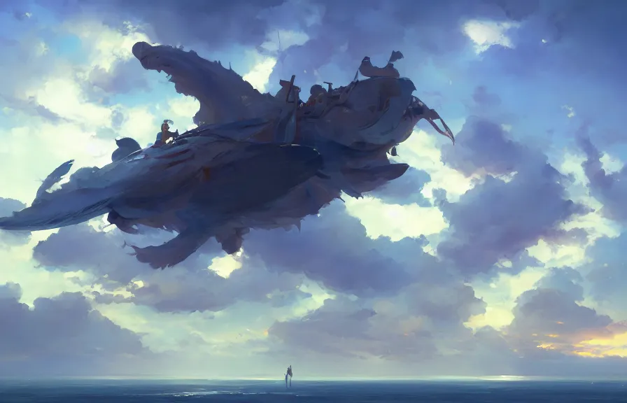 Prompt: greg manchess concept art of the sky fish dimension, key visual, ambient lighting, highly detailed, digital painting, artstation, concept art, sharp focus, by makoto shinkai and akihiko yoshida and hidari and wlop and greg rutkowski