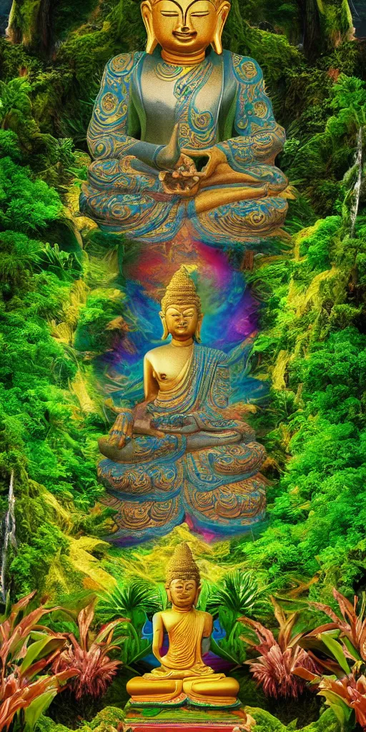 Prompt: a dreamy image avoloketishvara buddha of compassion meditating in a lush jurassic landscape, 4 k, hyper realistic, in he style of national geographic, coherent design, symmetrical, vivid colour, complementary colour, golden ratio, detailed, sharp lines, intricate, rainbow shift, in unreal 3 d engine, ray tracing, octane render