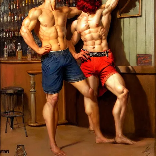 Image similar to attractive muscular male with red hair, shorts, and muscular attractive male with black hair, pants, drinking their hearts out, in a pub. very defined and highly detailed painting by j. c. leyendecker, gaston bussiere, craig mullins 8 k