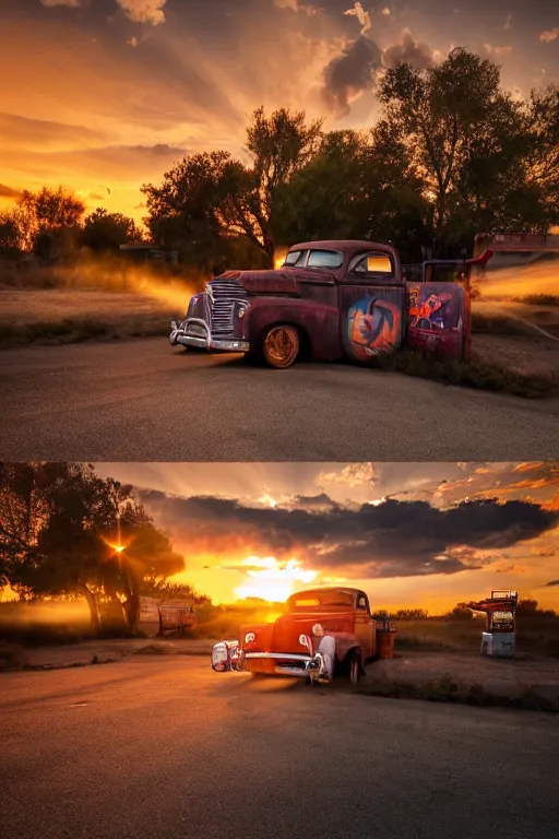 Image similar to a sunset light landscape with historical route 6 6, lots of sparkling details and sun ray ’ s, blinding backlight, smoke, volumetric lighting, colorful, octane, 3 5 mm, abandoned gas station, old rusty pickup - truck, beautiful epic colored reflections, very colorful heavenly, softlight