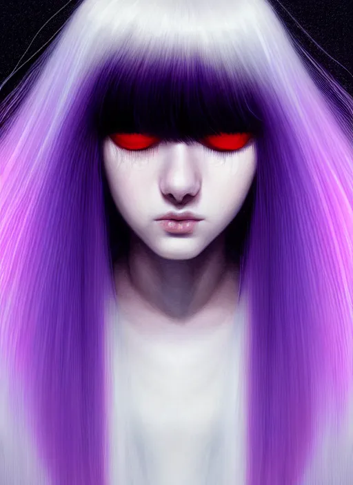 Image similar to hair whitebangs hair, black hair, whitebangs, portrait of teenage girl with white bangs, red irises, purple clothes, white bangs, bangs are different color from hair, intricate, elegant, glowing lights, highly detailed, digital painting, artstation, concept art, smooth, sharp focus, illustration, art by wlop, mars ravelo and greg rutkowski