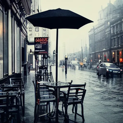 Image similar to sitting alone in a cafe in a rainy victorian city, 8k, ultrarealistic, ultra hd, gloomy, photorealistic, gorgeous lighting, award winning photo