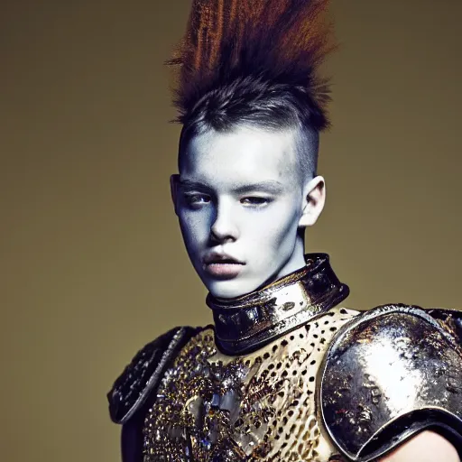 Image similar to a portrait of a beautiful young male wearing an alexander mcqueen armor made of sweet dreams , photographed by andrew thomas huang, artistic