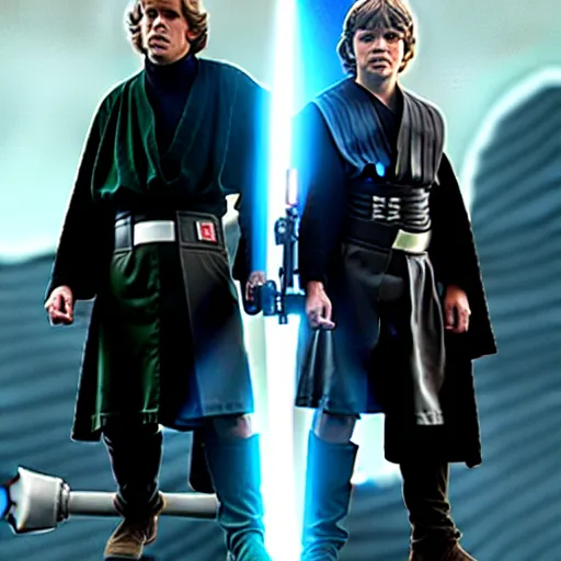 Image similar to luke skywalker and anakin skywalker standing proudly shoulder to shoulder ultra realistic, lens flare, atmosphere, glow, detailed, intricate, full of colour, cinematic lighting, trending on artstation, 4 k, hyperrealistic, focused, extreme details, unreal engine 5, cinematic, masterpiece, ultra realistic, hyper realistic, highly detailed, sharp focus, digital art