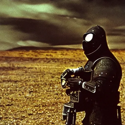 Prompt: a heavily armored man wearing a gasmask, in a surrealist landscape, film still, arriflex 3 5
