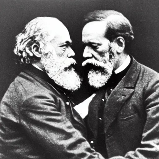 Prompt: Karl Marx and Sigmund Freud kissing, 1920, Bedroom backround