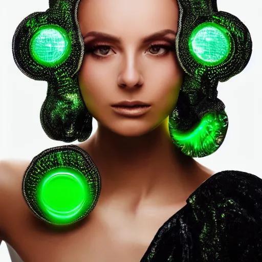 Prompt: portrait of a beautiful futuristic woman layered with high-tech jewelry wrapping around her face and head, golden-silver light with green gems