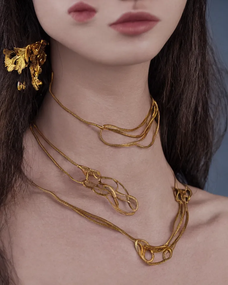 Prompt: super realistic portrait, full color photography, skin detailed, of a beautiful model with a minimal big neo tribal necklace in the neck, detail photo, minimal design, made of gold, canon, film camera, digital art, balenciaga