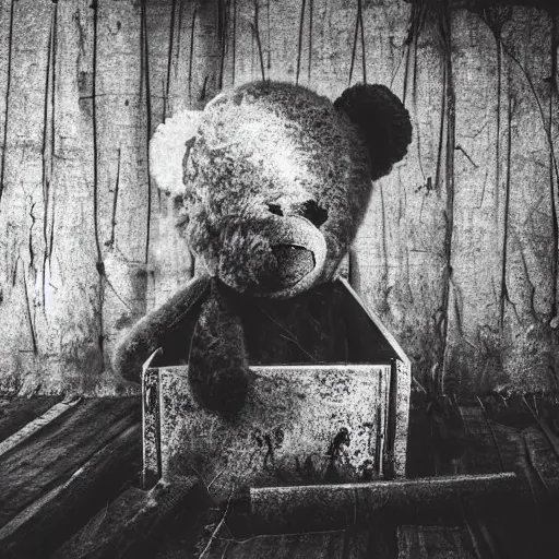 Prompt: a decrepit teddy bear, sat forgotten in a tipped over box in the attic. small rays of light can be seen. the house is long abandoned. black and white photo. surrealism.