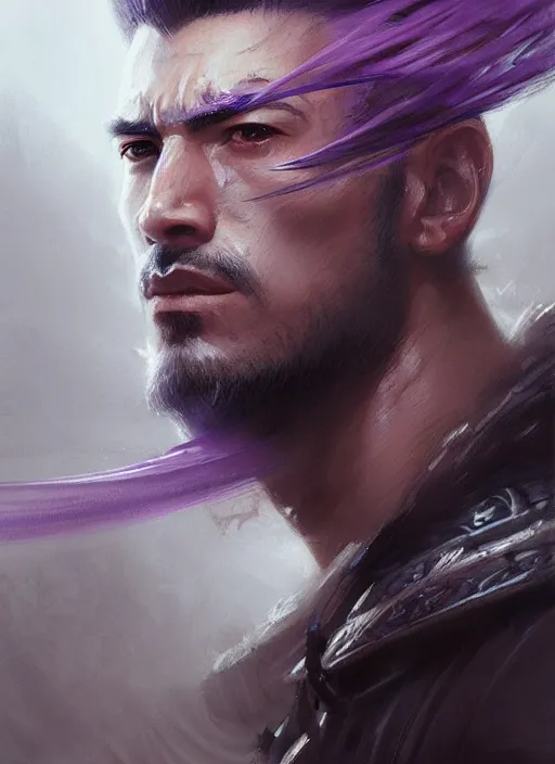 Prompt: highly detailed full face portrait of a handsome and muscular ronin, square masculine facial features, short messy hair, katana, surrounded by fog, art by greg rutkowski and artgerm and peter mohrbacher, intricate, samurai, concept art, purple color palette, digital painting, trending on artstation, smooth, sharp focus, vibrant colors