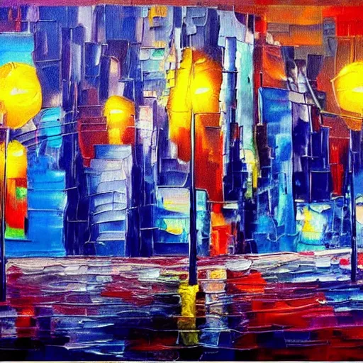 Prompt: abstract painting, crooked city in the dark, street lights, dramatic