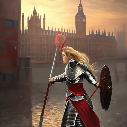 Image similar to painting of a female knight invading london, full view, popular on artstation, artstationhd, artstationhq 8 k, volumetric lighting, super focused, no blur, trending on artstation, artstationhd, artstationhq, ultra detailed, by artgerm and james gurney, greg rutkowski,