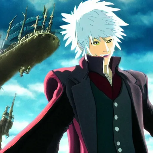 Image similar to a shot of dante from devil may cry in howl's moving castle movie, movie shot, anime, hightly detailed, rescalated 4 k, detailed